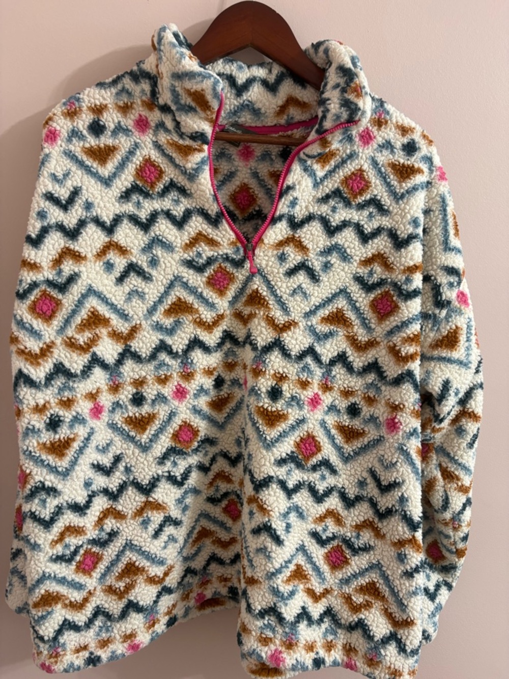 Cozy Sherpa Half-Zip Pullover - Ivory, Teal & Mustard with Pink Accents